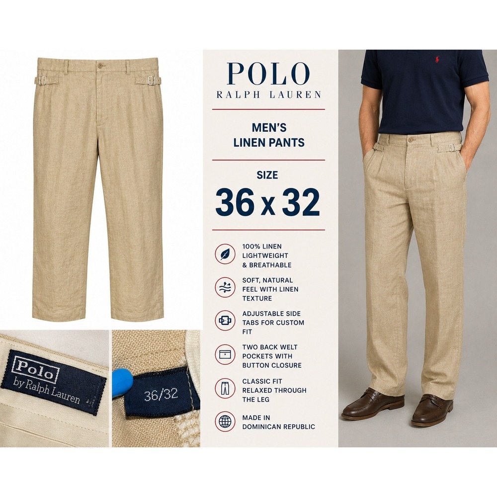 Polo Ralph Lauren Mens 36x32 Khaki Linen Classic Fit Adjustable Side Tab Pants